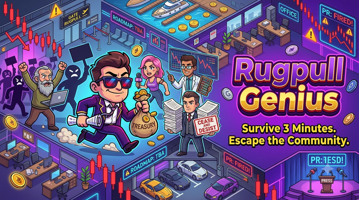 Rugpull Genius key art: the founder fleeing across the exchange floor, office, yacht, and underground garage while the community gives chase